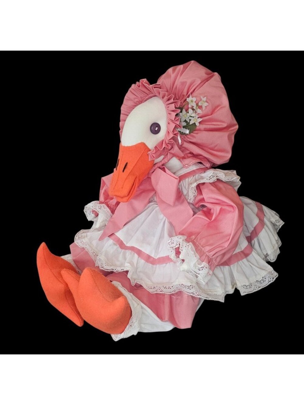 Large VTG Country Goose Doll W Bonnet Ruffle Dress Stuffed Cottagecore Farm
